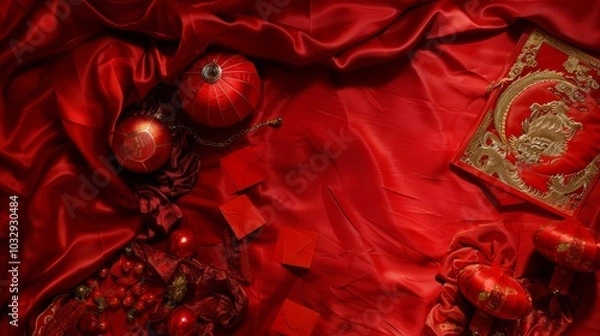 Fototapeta Lunar New Year Spring Festivities. Rich Red Decor with Golden Dragons and Festive Lanterns Symbolizing Prosperity and Good Fortune. A Festive Border. Flat lay background. Copy Space for text.