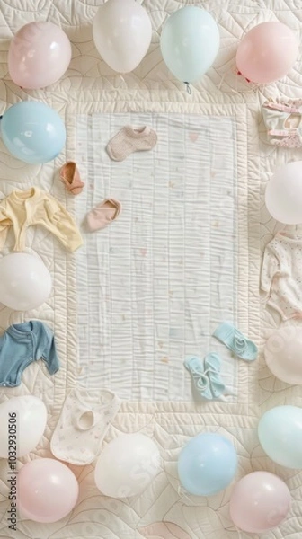 Fototapeta A dreamy baby shower setup graces a quilted backdrop with pastel balloons and clothes, all arranged in a joyful celebration of new life, leaving perfect space for showcasing products or messages..