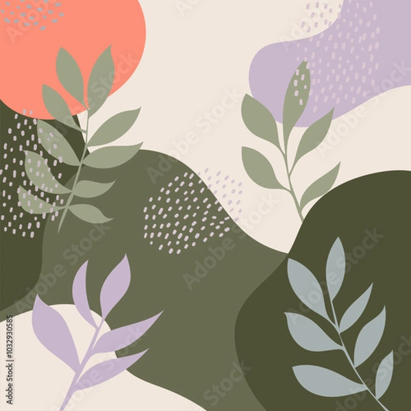 Fototapeta Nature abstraction with leaves. This abstract composition with plant elements in soft pastel tones conveys a sense of nature and tranquility.