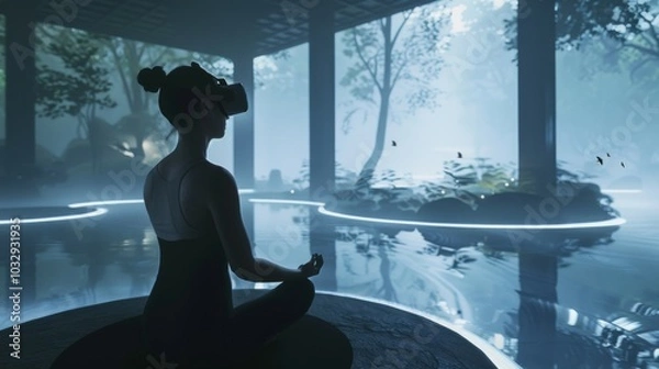 Fototapeta Embracing serenity, a person finds tranquility in meditation within a simulated natural sanctuary, a modern meld of mindfulness and virtual reality tech.