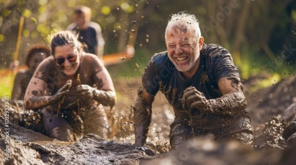 Fototapeta A group of seniors faces an exhilarating mud run obstacle, laughter and determination etched on their faces as they share a lively, muddy adventure.