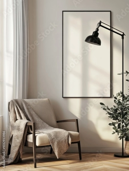 Fototapeta A chair with a blanket draped over it sits in front of a white wall
