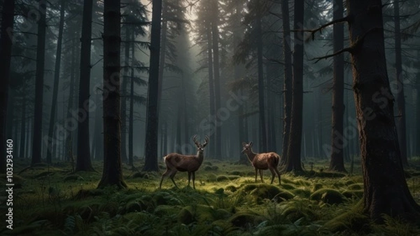 Fototapeta Two deer stand in a misty forest clearing, bathed in the golden light of the morning sun.
