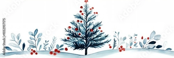 Fototapeta A Christmas tree is the focal point of a painting of a snowy landscape. The tree is surrounded by a field of evergreen trees and bushes, and there are berries scattered throughout the scene