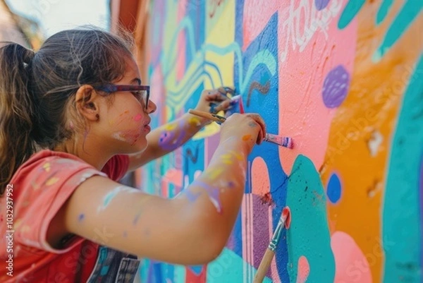 Obraz young artist painting a vibrant mural on a wall, with colorful paint splashes on her arms