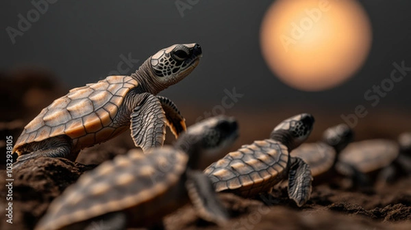 Fototapeta Close up of baby sea turtles racing towards ocean at sunset