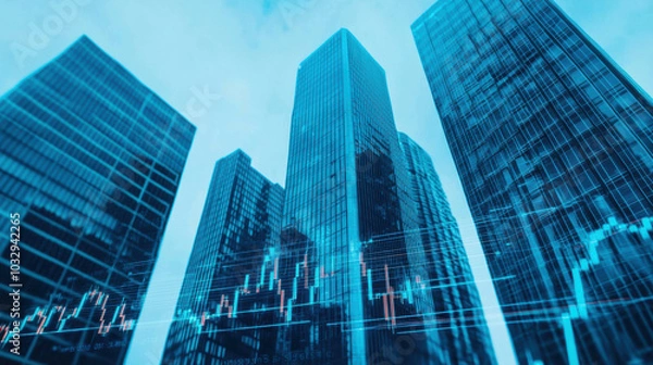 Fototapeta Modern skyscrapers with financial data overlay create dynamic urban scene
