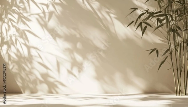 Fototapeta A wall with bamboo plants and a shadow on it