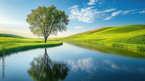 Fototapeta Serene Landscape with Tree and Calm Water Reflection