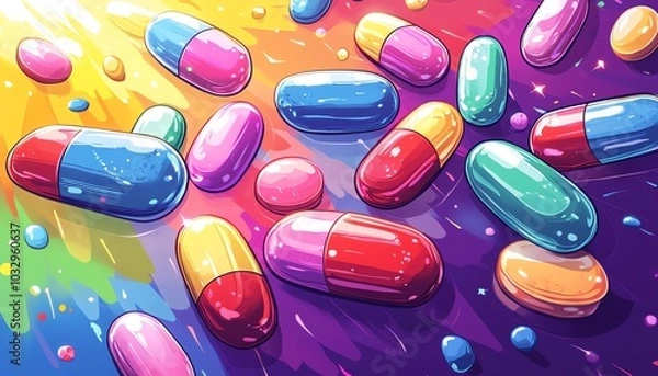 Fototapeta A fun and dynamic cartoon of various pills spilling across a bold, bright background, each pill uniquely shaped and colored