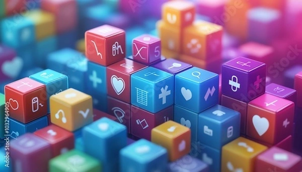 Fototapeta Vibrant stacked blocks symbolizing health and medicine, with icons for pharmaceuticals, wellness programs, and preventive care, in a futuristic 3D design