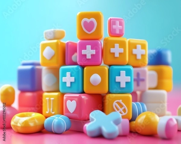 Fototapeta 3D stacked medical blocks symbolizing key components of healthcare, featuring vibrant colors and futuristic icons for various medical fields