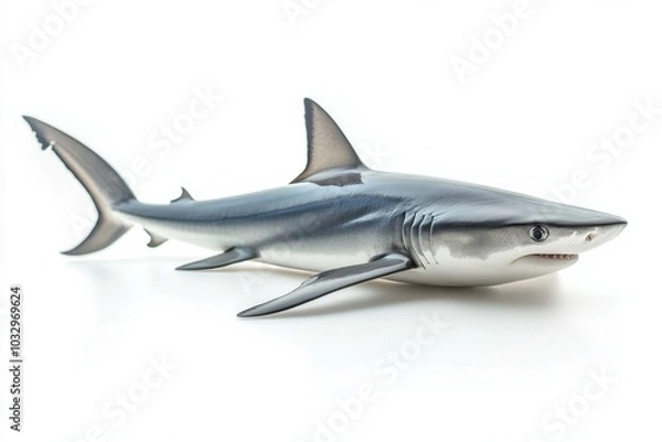 Fototapeta the beside view Thresher Shark, left side view, white copy space on right, Isolated on White Background