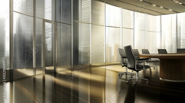 Fototapeta A modern conference room with large windows and sleek furniture, ideal for meetings.