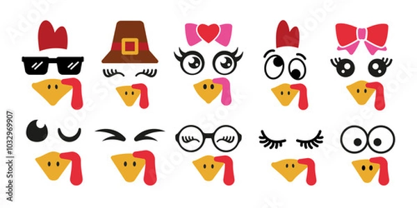 Fototapeta Set of cute turkey boy and girl faces designs for autumn holidays. Funny Thanksgiving elements for kids. Isolated vector illustration in flat style