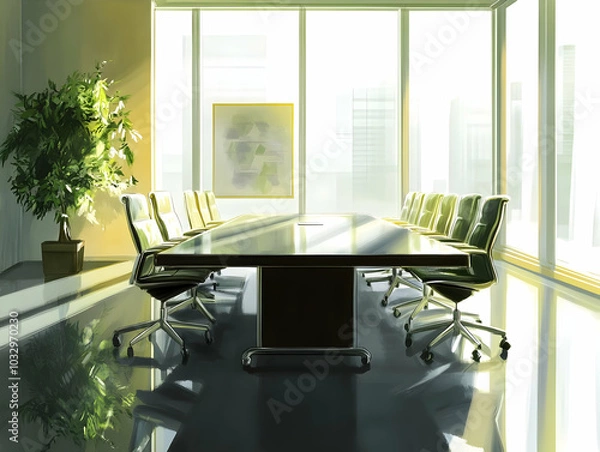 Fototapeta A modern conference room with a long table, chairs, and large windows letting in natural light.