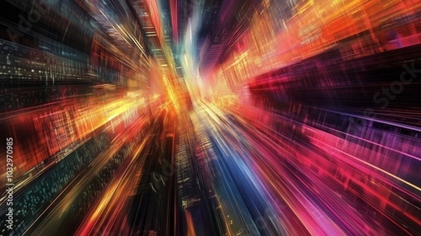 Fototapeta Abstract cityscape flowing light geometric shapes radiant energy vibrant hues. AI generated