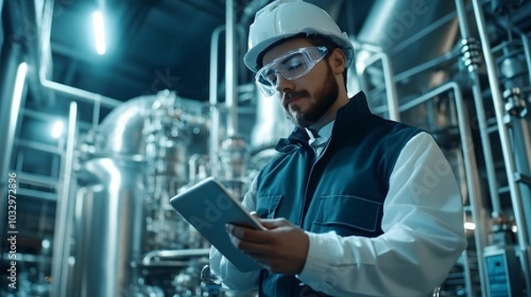 Obraz An engineer with a digital tablet, inspecting machinery components in a futuristic petrochemical processing facility.