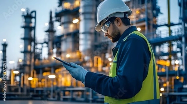 Obraz An engineer using handheld tools to inspect and repair industrial machinery in a modern petrochemical facility.