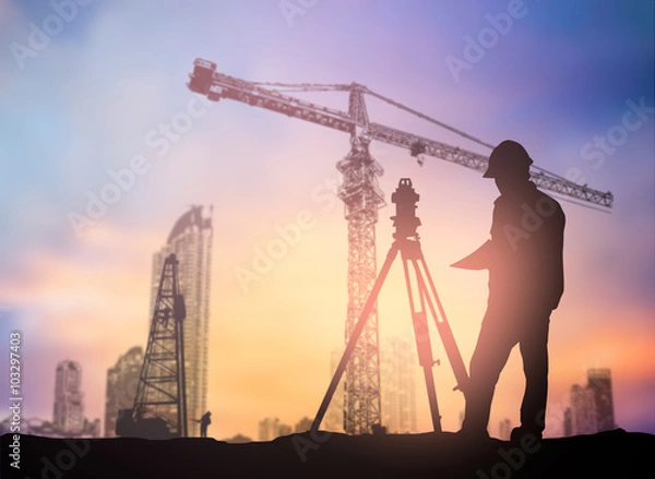 Obraz silhouette engineer looking Loaders and trucks in a building sit