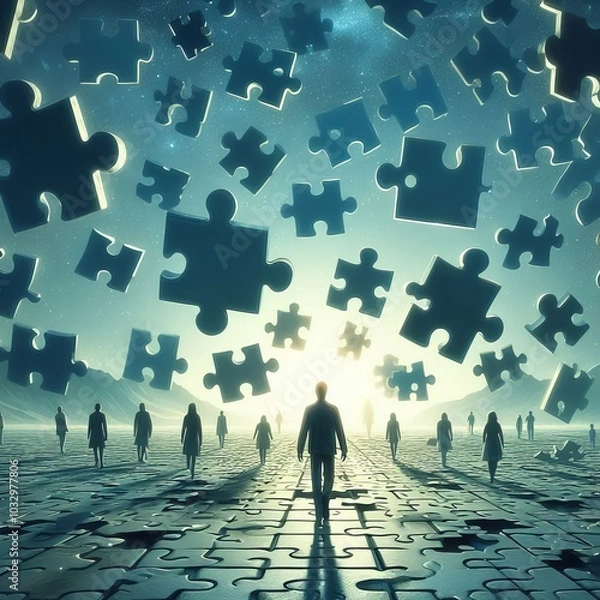 Fototapeta Puzzles flying in the sky and silhouettes of people looking for their way