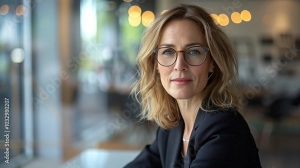 Fototapeta Portrait of a middle-aged business woman with glasses, sitting at a desk in an office looking to the side