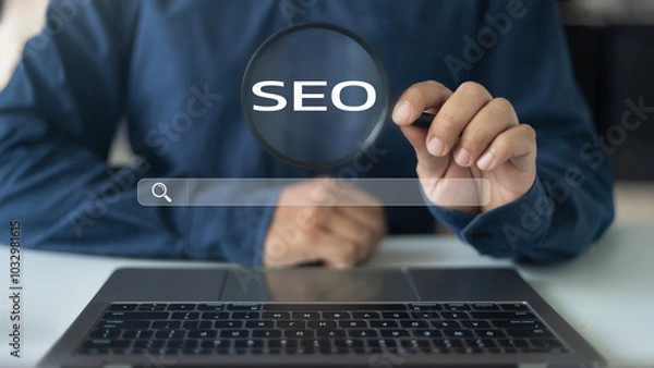 Fototapeta Businessman analyzing SEO with a magnifying glass to improve website ranking and drive more traffic through search engine optimization strategies.