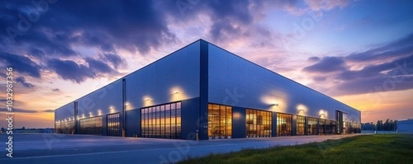 Fototapeta Modern Industrial Warehouse at Dusk with Illuminated Windows and Dynamic Cloudy Sky