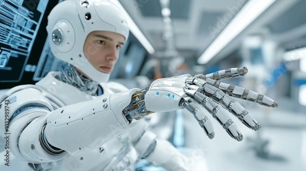 Fototapeta Cyborg robotic arm complex task high-tech laboratory advanced mechanics tools. AI generated