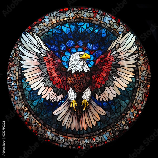 Fototapeta Detailed stained glass style round mandala of a bald eagle, isolated on a black background.