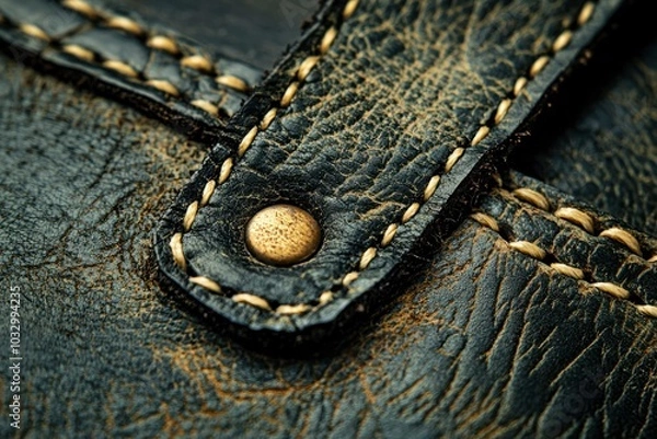 Fototapeta Close-up of a Leather Strap with a Brass Button and Stitching