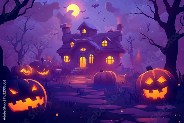 Fototapeta A spooky Halloween scene featuring a haunted house and glowing jack-o'-lanterns.