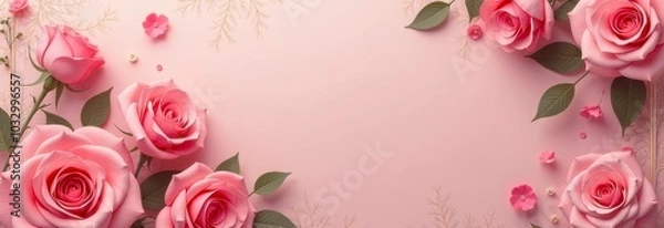 Fototapeta delicate pink roses frame with small flowers on pale pink background, top view, flat lay, lay out. banner with copy space. floral greeting card, Mother's day, floral banner, pink aesthetic concept