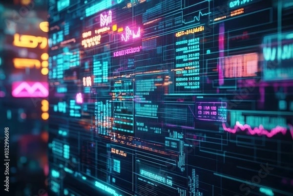 Fototapeta Cracked holographic screens showing economic data, with glitching neon signs in the background, dark and moody, Cyberpunk, 3D render