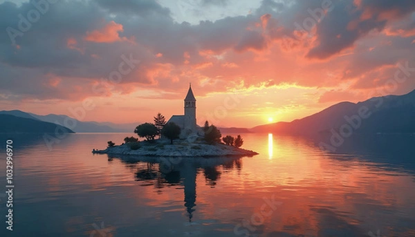 Fototapeta View of a lonely church perching on top of a small island in the Mljet island in Croatia during sunset 