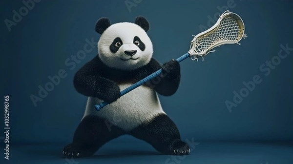 Fototapeta Playful Panda Lacrosse Player on Navy Studio Background