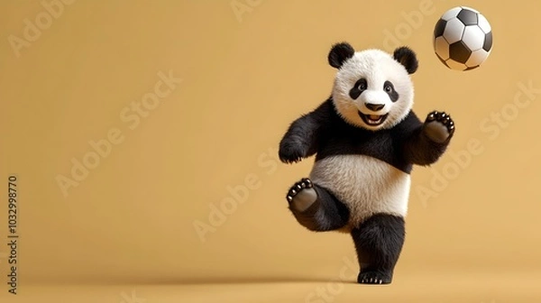 Fototapeta Playful Panda Playing Football on Plain Brown Background