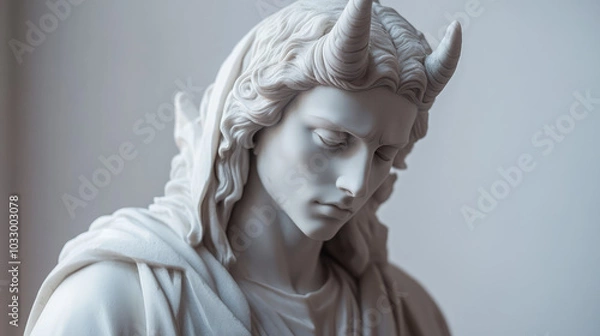 Fototapeta The devil statue, sculpted from smooth white marble, displays intricate, understated details and a serene expression that contrasts with its subtly menacing aura, blending elegance with quiet power.