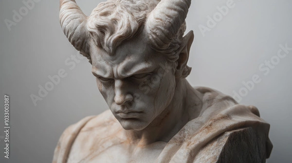 Fototapeta Crafted in white marble, this elegant devil statue features subtle, refined details, with a serene yet menacing expression that exudes a quiet, commanding presence.