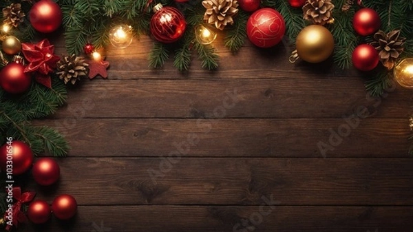 Fototapeta top view christmas decorations on wooden table, new year design, space for text