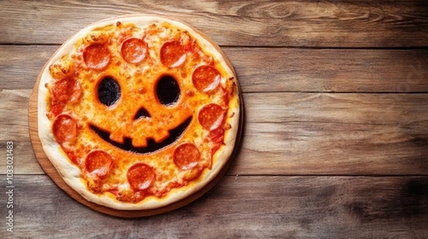 Fototapeta Halloween pizza with a spooky pumpkin smiling face. Overhead view