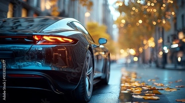 Fototapeta Clean rear camera shot on electric vehicle, close-up showing camera's depth, with reflections of city street behind, high-end tech