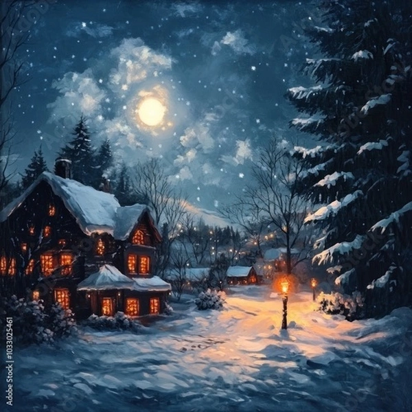 Fototapeta A cozy winter scene snowy night over a charming cottage with warm lights under a full moon