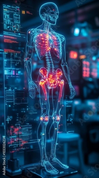 Fototapeta High-tech visualization of a skeleton's knee joint, surrounded by holographic diagnostic tools, glowing neon braces, in an advanced medical facility