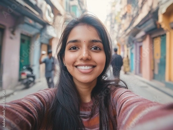 Fototapeta Happy Traveler in Colorful Old Town
