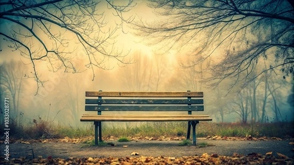 Fototapeta A solitary wooden bench amidst the ethereal haze of a foggy autumn morning,  framed by the skeletal branches of bare trees, hinting at a sense of peaceful contemplation.