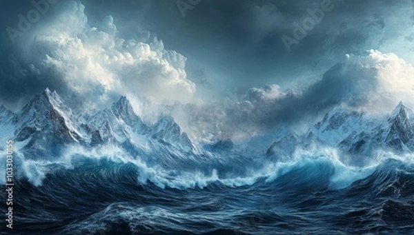 Fototapeta A dramatic seascape with towering snow-capped mountains and crashing waves under a stormy sky.