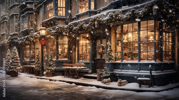 Fototapeta Christmas street scene with light snow and brightly lit store front windows ~ Created using Generative AI