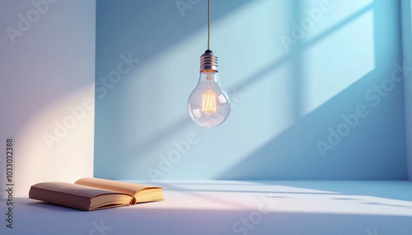 Fototapeta Minimalist desk with a single hanging light and a book