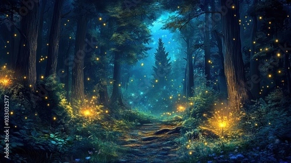 Fototapeta Enchanted forest path lit by fireflies.